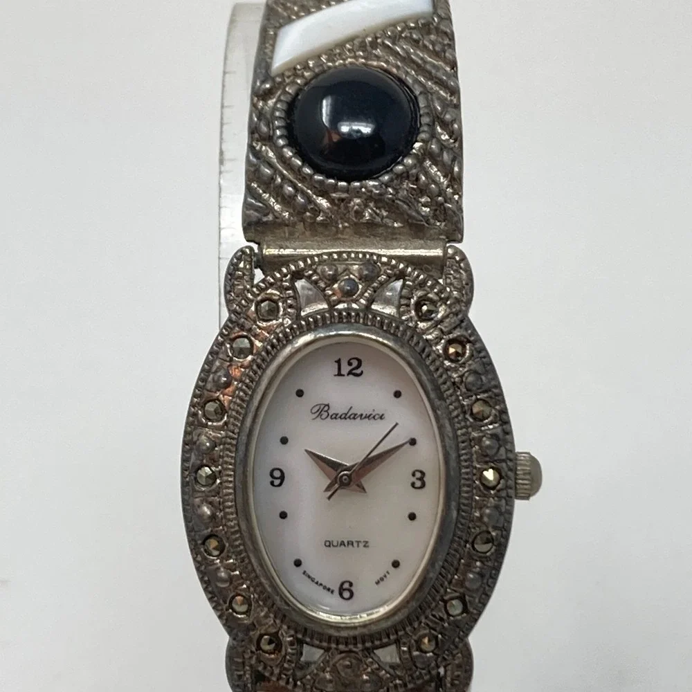 Vintage Badavici Women's Watch Marcasite 24mm Silver Tone MOP Cab New Battery 7